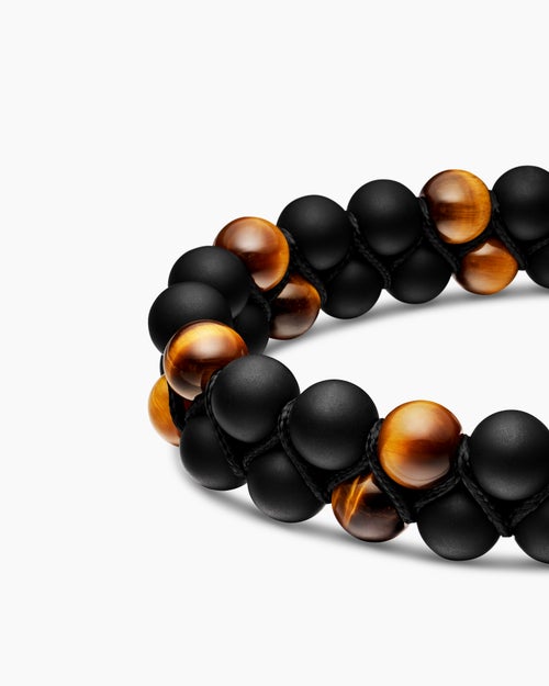 Mens Spiritual Beads Two Row Woven Bracelet in Black Onyx, Tiger’s Eye, Black Nylon and Sterling Silver, 8mm