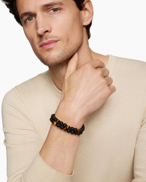 Mens Spiritual Beads Two Row Woven Bracelet in Black Onyx, Tiger’s Eye, Black Nylon and Sterling Silver, 8mm