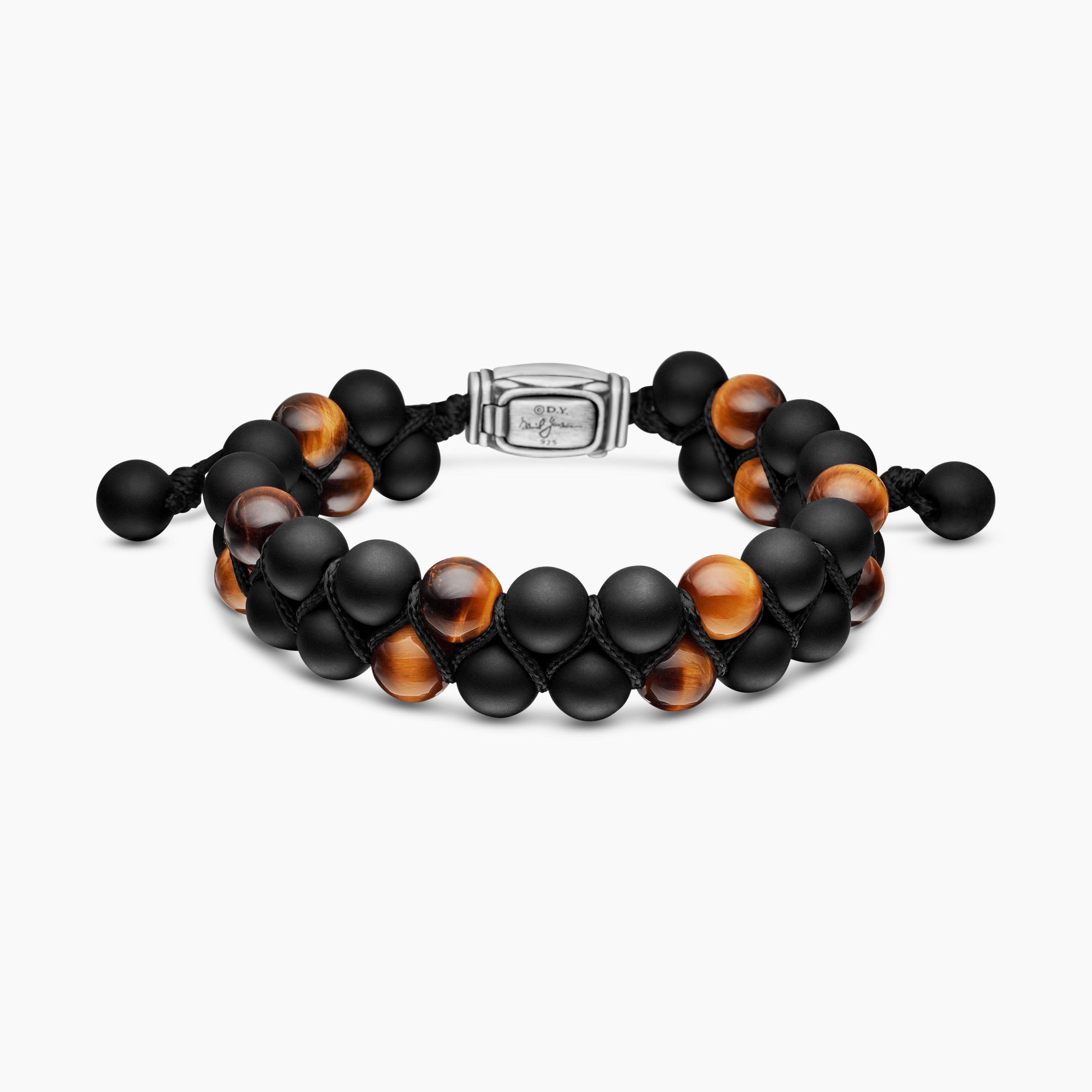 Mens Spiritual Beads Two Row Woven Bracelet with Sterling Silver, 8mm