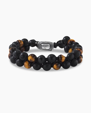 Spiritual Beads Two Row Woven Bracelet in Black Onyx, Tiger’s Eye, Black Nylon and Sterling Silver, 8mm