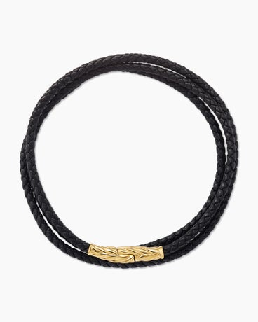Chevron Triple Wrap Bracelet in Black Leather and 18K Yellow Gold, 3mm