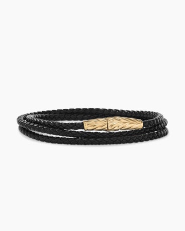 Chevron Triple Wrap Bracelet in Black Leather and 18K Yellow Gold, 3mm