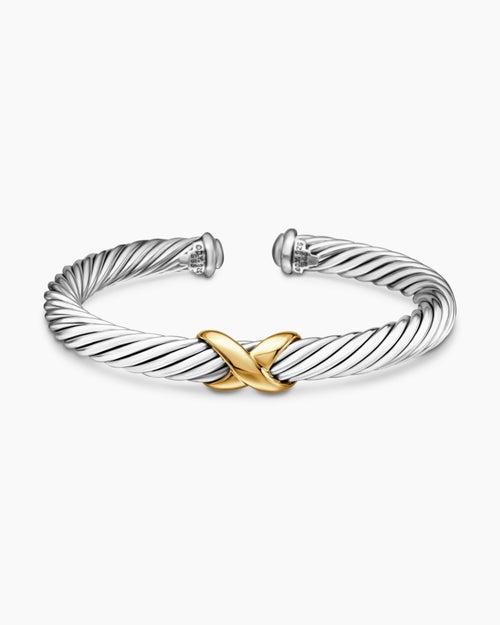 Womens X Classic Cable Station Bracelet in Sterling Silver with 14K Yellow Gold, 7mm
