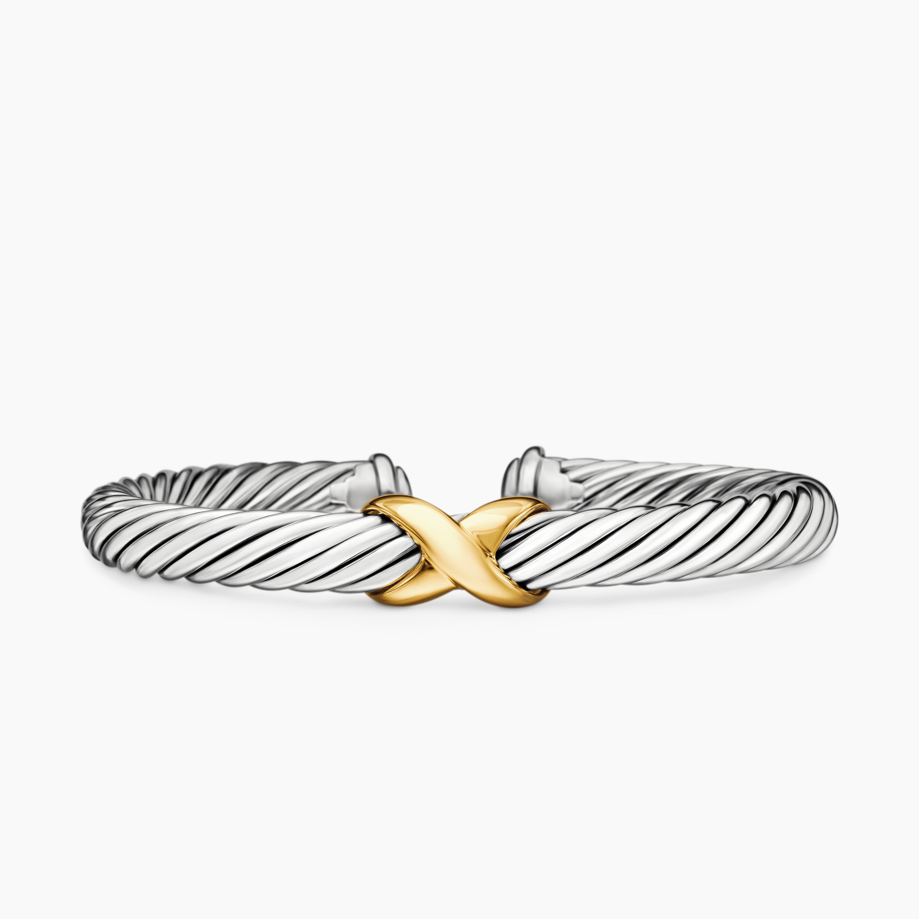 Womens X Classic Cable Station Bracelet in Sterling Silver with 14K Yellow Gold, 7mm