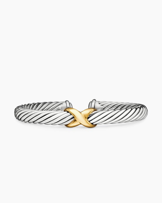 X Classic Cable Station Bracelet in Sterling Silver with 14K Yellow Gold, 7mm
