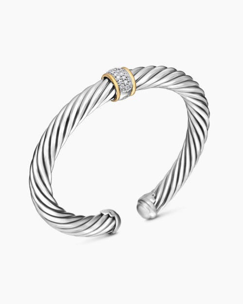 Womens Classic Cable Station Bracelet in Sterling Silver with 18K Yellow Gold and Pavé Diamonds, 7mm