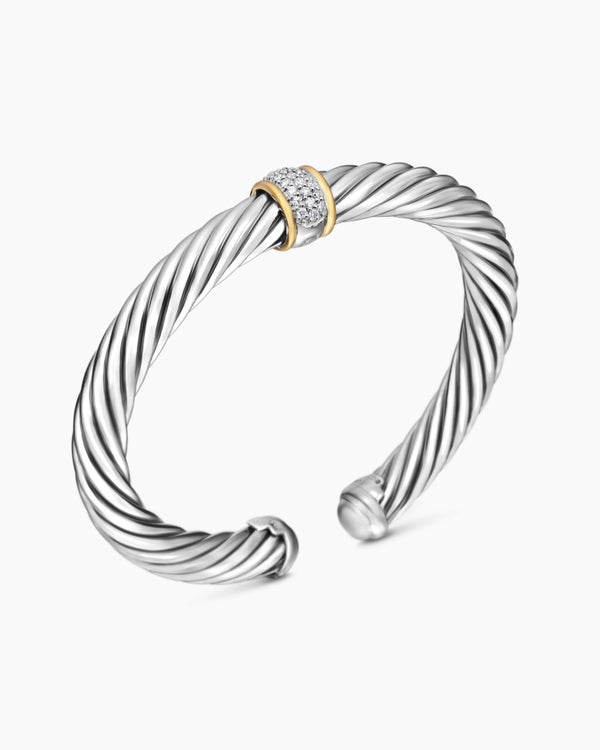 Classic Cable Station Bracelet in Sterling Silver with 18K Yellow Gold and Pavé Diamonds, 7mm