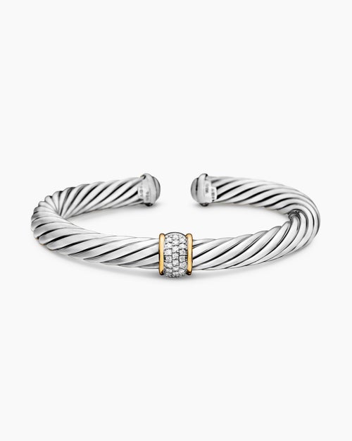 Womens Classic Cable Station Bracelet in Sterling Silver with 18K Yellow Gold and Pavé Diamonds, 7mm