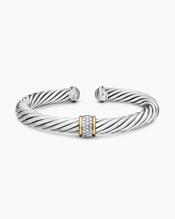 Classic Cable Station Bracelet in Sterling Silver with 18K Yellow Gold and Pavé Diamonds, 7mm