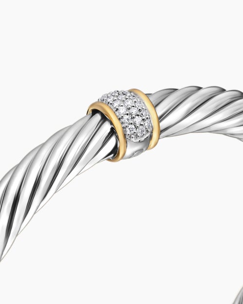 Womens Classic Cable Station Bracelet in Sterling Silver with 18K Yellow Gold and Pavé Diamonds, 7mm