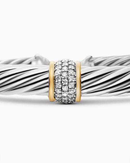 Womens Classic Cable Station Bracelet in Sterling Silver with 18K Yellow Gold and Pavé Diamonds, 7mm