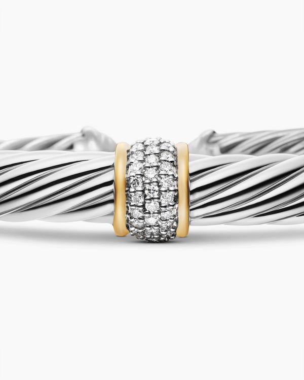 Classic Cable Station Bracelet in Sterling Silver with 18K Yellow Gold and Pavé Diamonds, 7mm
