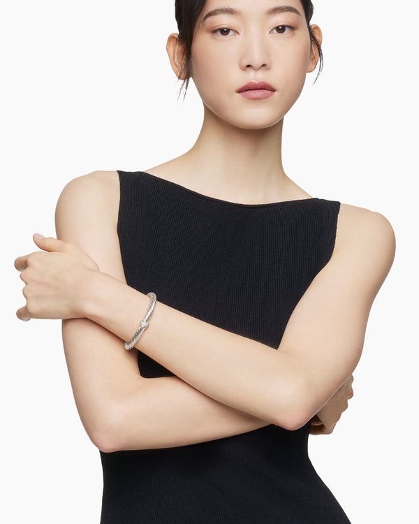 Classic Cable Station Bracelet in Sterling Silver with 18K Yellow Gold and Pavé Diamonds, 7mm