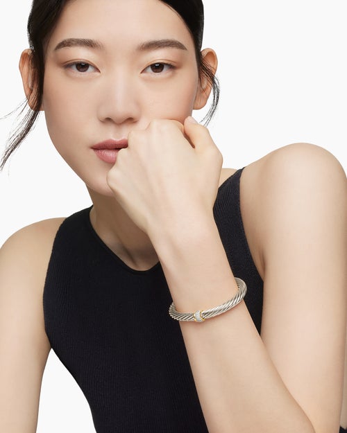 Womens Classic Cable Station Bracelet in Sterling Silver with 18K Yellow Gold and Pavé Diamonds, 7mm