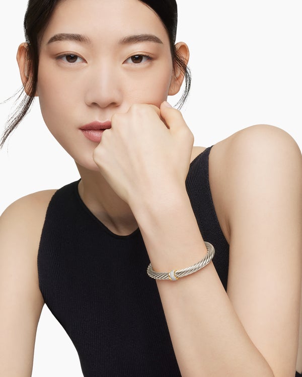 Classic Cable Station Bracelet in Sterling Silver with 18K Yellow Gold and Pavé Diamonds, 7mm