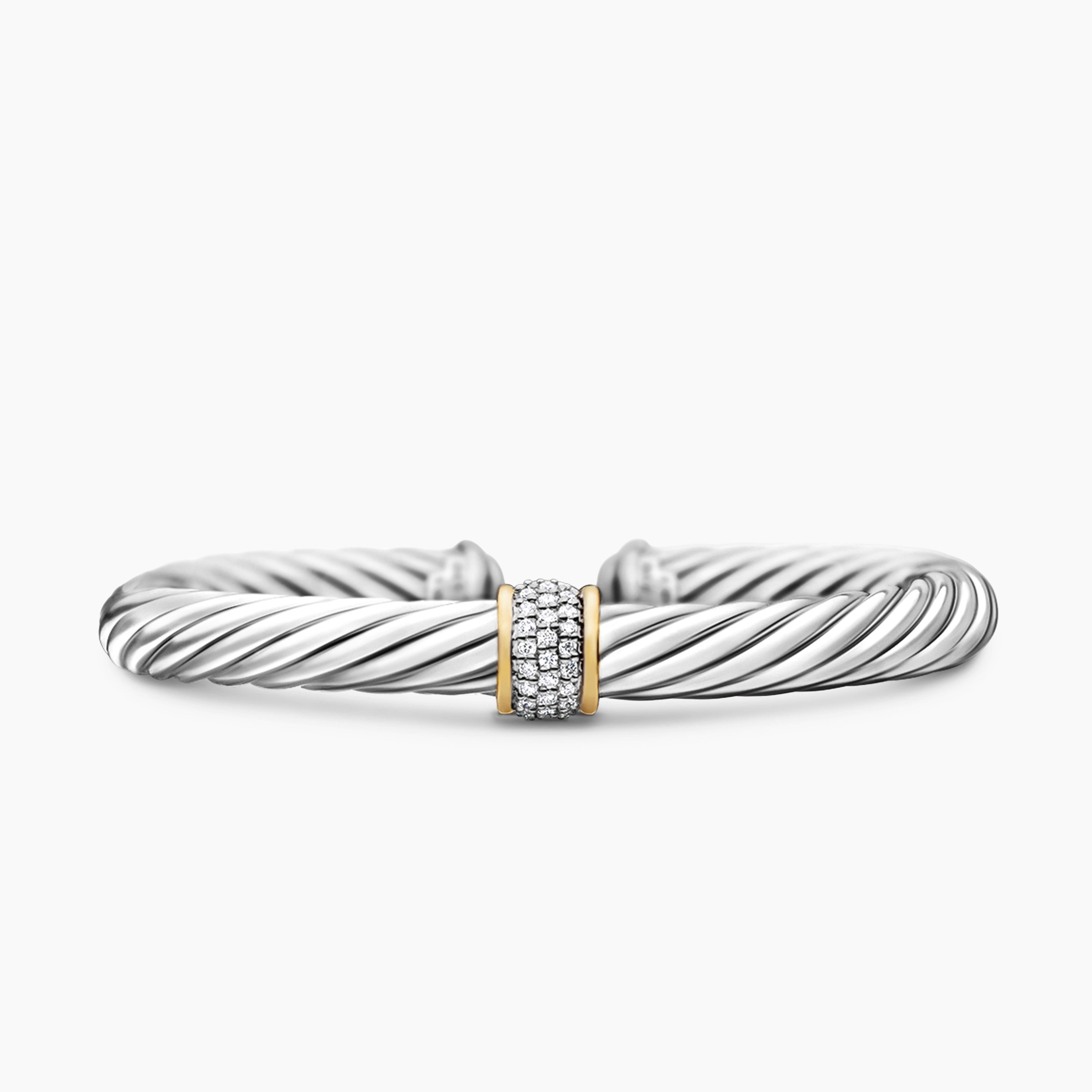 Womens Classic Cable Station Bracelet in Sterling Silver with 18K Yellow Gold and Pav&eacute;, 7mm