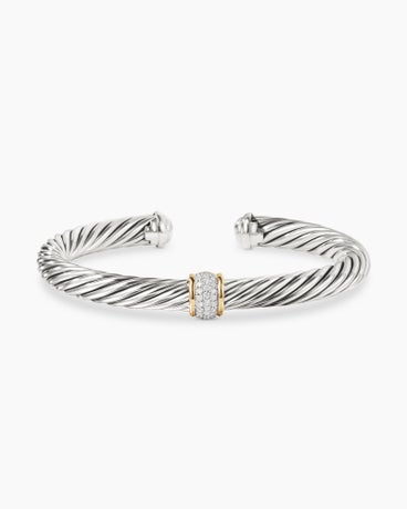 Classic Cable Station Bracelet in Sterling Silver with 18K Yellow Gold and Pavé Diamonds, 7mm
