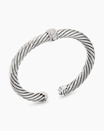 Classic Cable Station Bracelet in Sterling Silver with Pavé Diamonds, 7mm