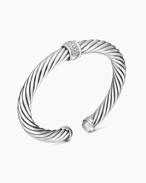 Womens Classic Cable Station Bracelet in Sterling Silver with Pavé Diamonds, 7mm