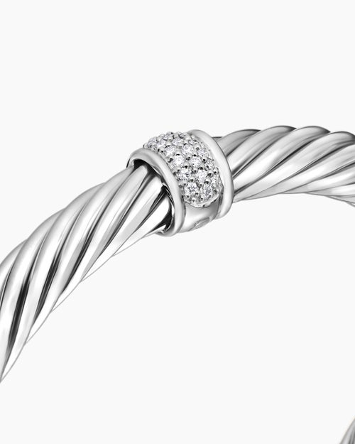 Womens Classic Cable Station Bracelet in Sterling Silver with Pavé Diamonds, 7mm