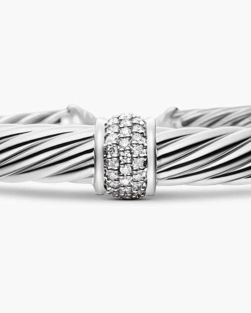 Womens Classic Cable Station Bracelet in Sterling Silver with Pavé Diamonds, 7mm