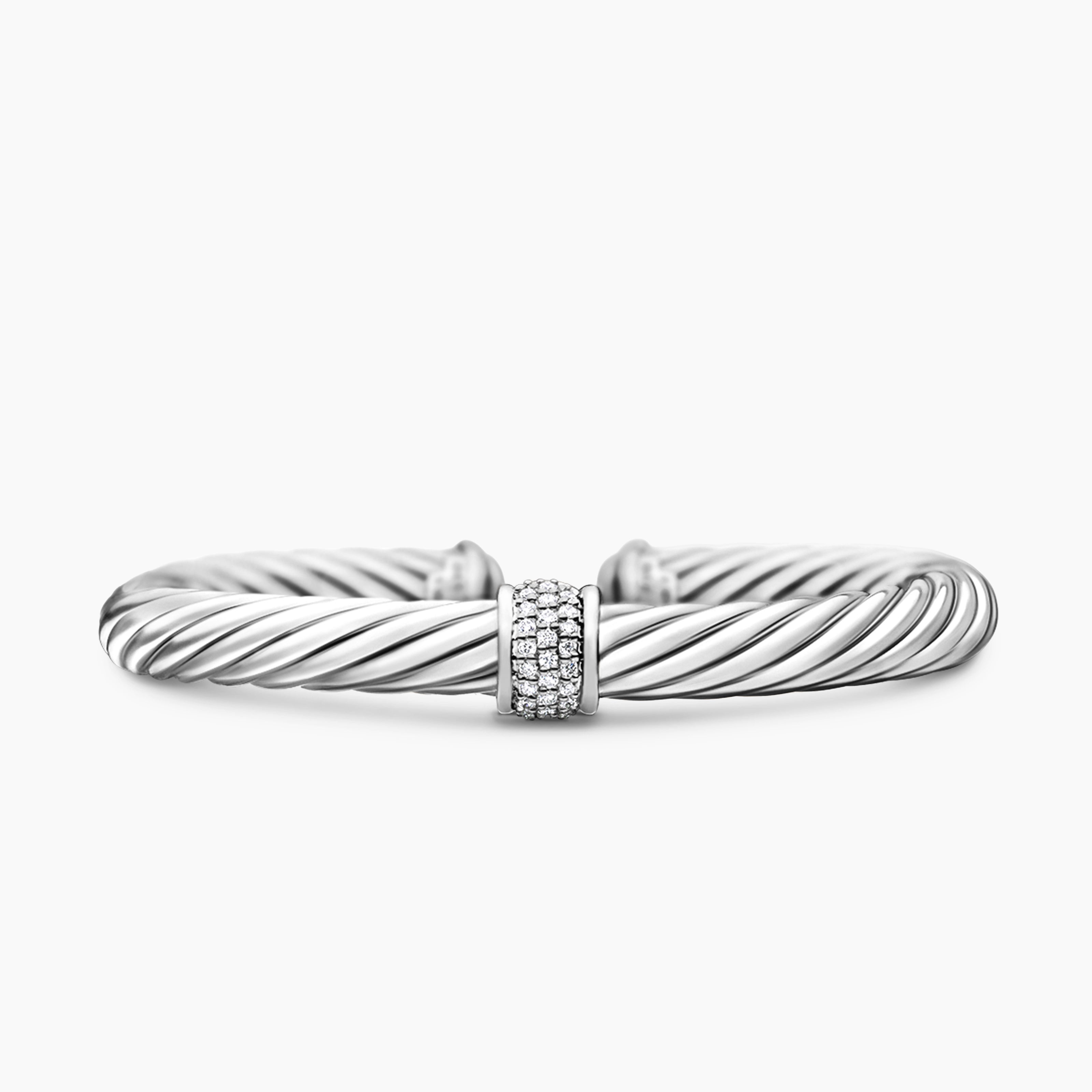 Womens Classic Cable Station Bracelet in Sterling Silver with Pav&eacute;, 7mm