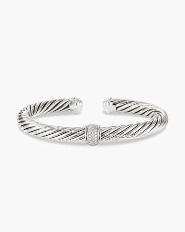 Classic Cable Station Bracelet in Sterling Silver with Pavé Diamonds, 7mm