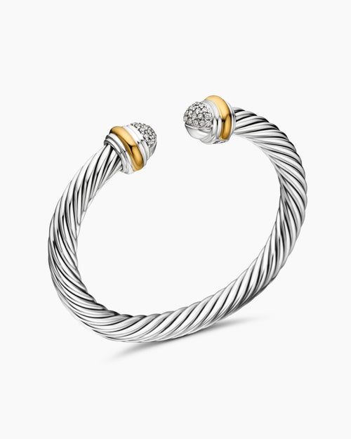 Womens Classic Cable Bracelet in Sterling Silver with 18K Yellow Gold and Pavé Domes, 7mm