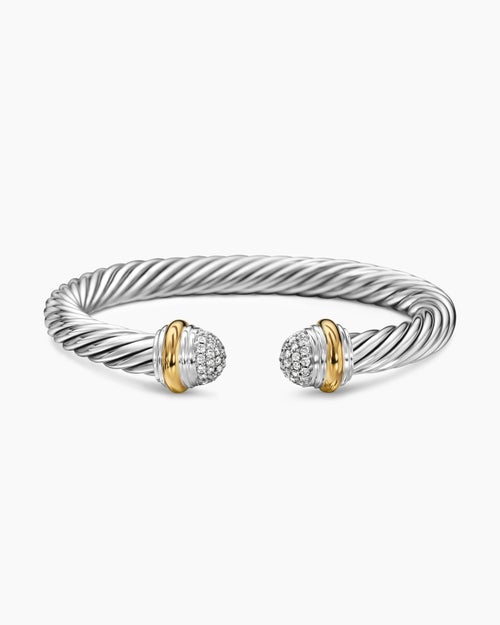 Womens Classic Cable Bracelet in Sterling Silver with 18K Yellow Gold and Pavé Diamond Domes, 7mm