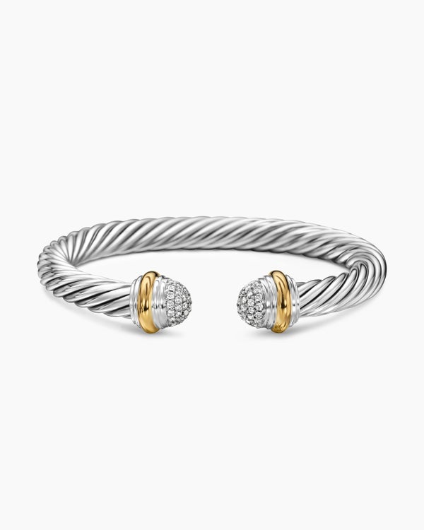 Classic Cable Bracelet in Sterling Silver with 18K Yellow Gold and Pavé Diamond Domes, 7mm