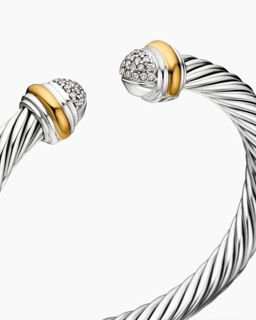 Womens Classic Cable Bracelet in Sterling Silver with 18K Yellow Gold and Pavé Diamond Domes, 7mm