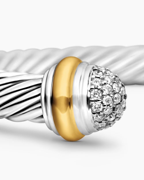 Womens Classic Cable Bracelet in Sterling Silver with 18K Yellow Gold and Pavé Diamond Domes, 7mm