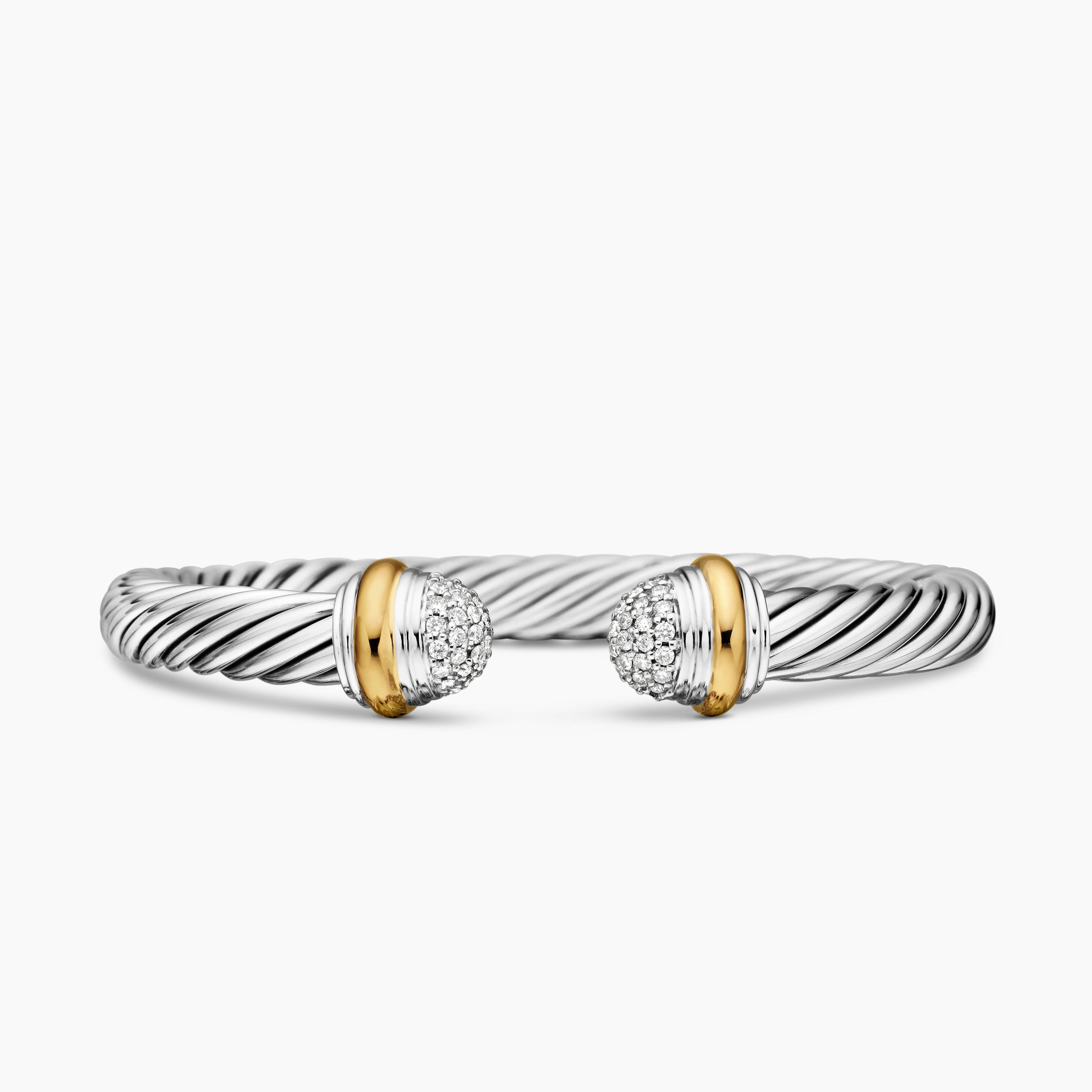 Womens Classic Cable Bracelet in Sterling Silver with 18K Yellow Gold and Pav&eacute; Diamond Domes, 7mm