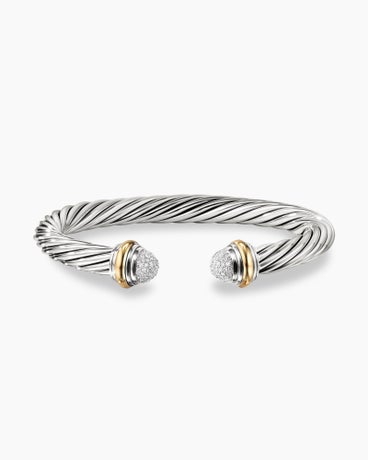 Classic Cable Bracelet in Sterling Silver with 18K Yellow Gold and Pavé Domes, 7mm