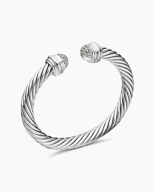 Womens Classic Cable Bracelet in Sterling Silver with Pavé Diamond Domes, 7mm