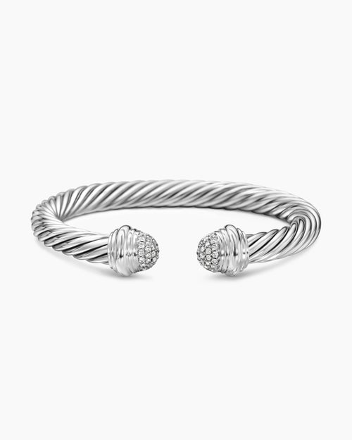 Womens Classic Cable Bracelet in Sterling Silver with Pavé Diamond Domes, 7mm