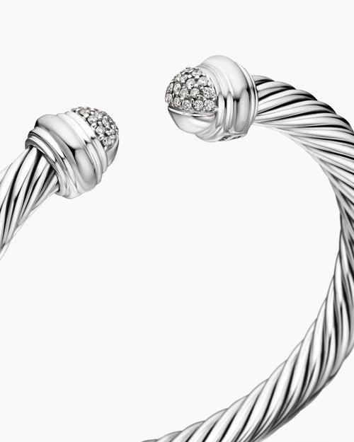Womens Classic Cable Bracelet in Sterling Silver with Pavé Diamond Domes, 7mm