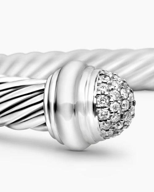 Womens Classic Cable Bracelet in Sterling Silver with Pavé Diamond Domes, 7mm