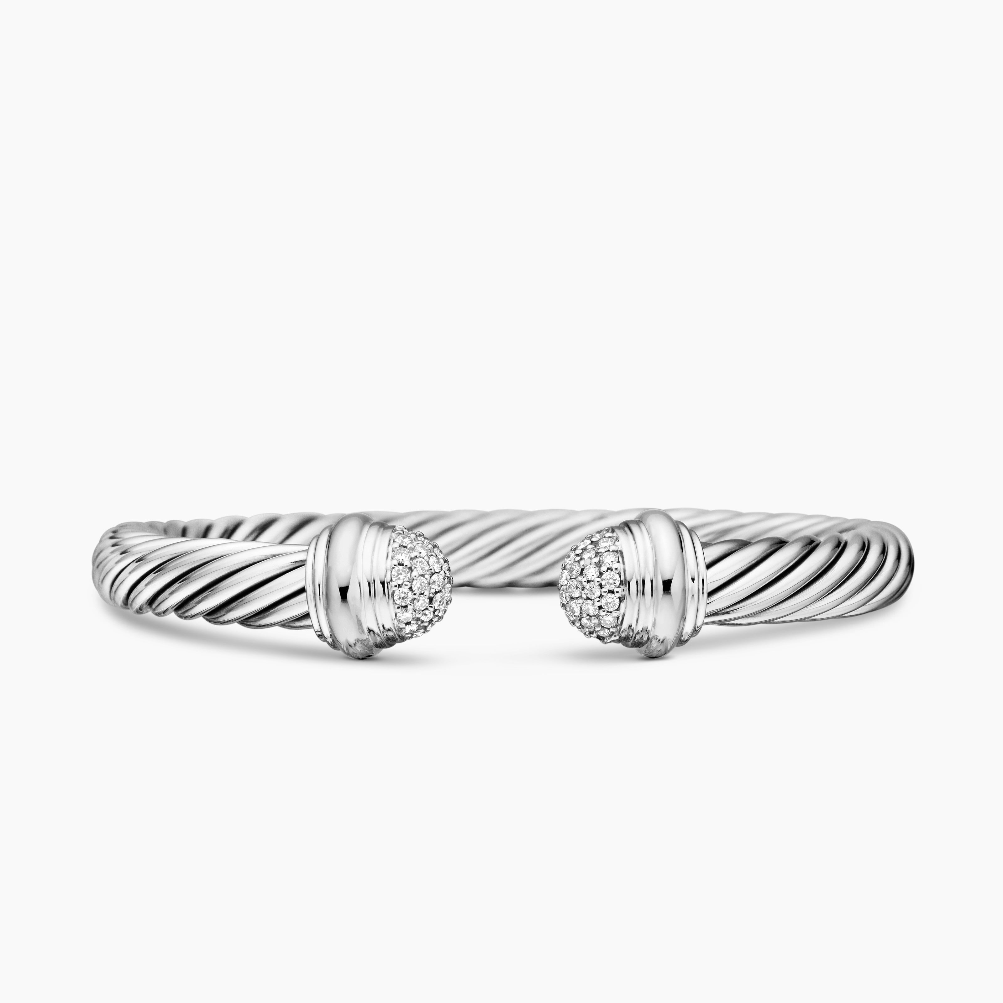 Womens Classic Cable Bracelet in Sterling Silver with Pav&eacute; Domes, 7mm
