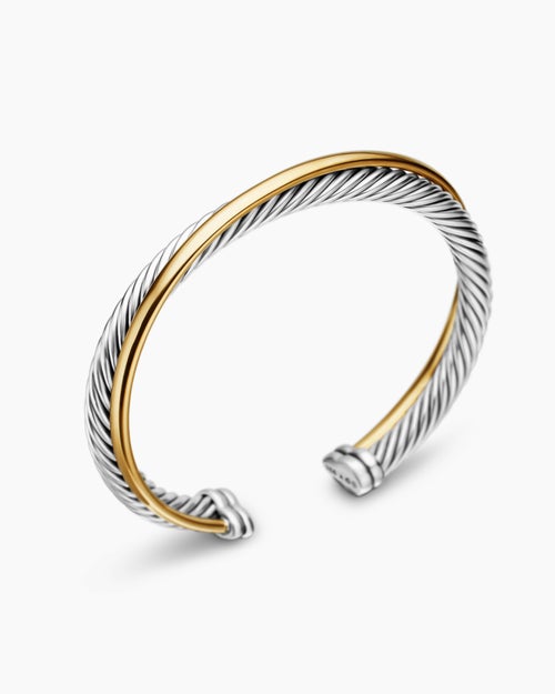 Womens Crossover Two Row Cuff Bracelet in Sterling Silver with 18K Yellow Gold, 5mm