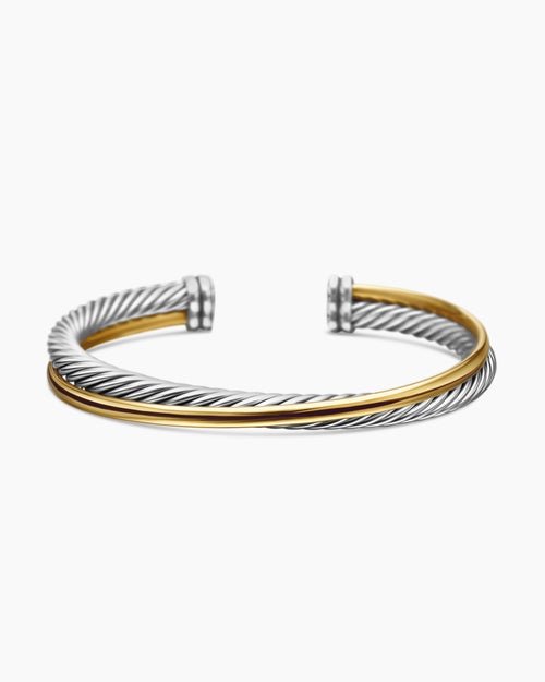 Womens Crossover Two Row Cuff Bracelet in Sterling Silver with 18K Yellow Gold, 5mm