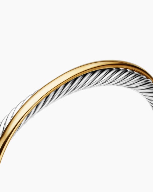 Womens Crossover Two Row Cuff Bracelet in Sterling Silver with 18K Yellow Gold, 5mm