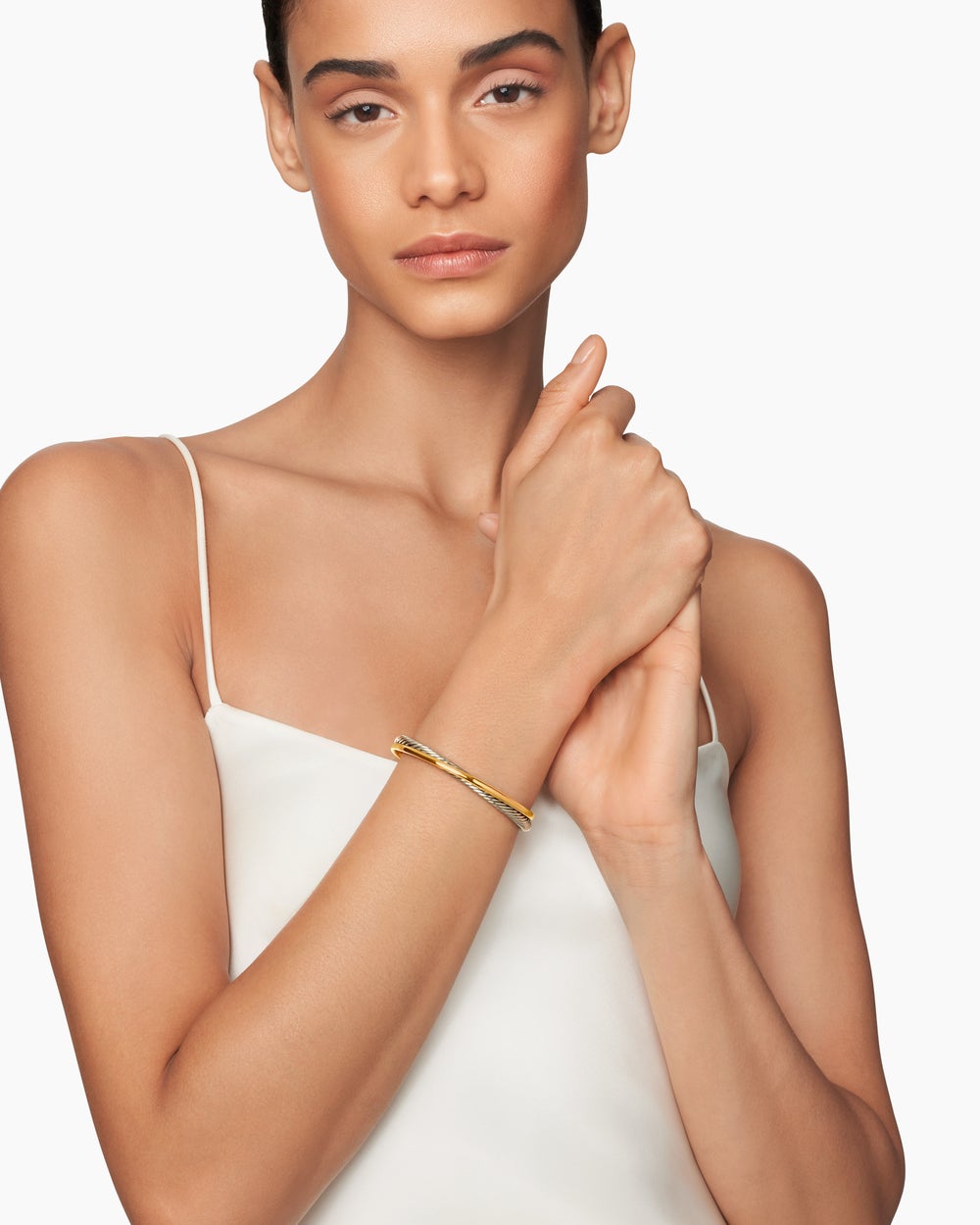 Womens Crossover Two Row Cuff Bracelet in Sterling Silver with 18K Yellow Gold, 5mm