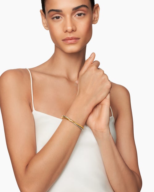 Womens Crossover Two Row Cuff Bracelet in Sterling Silver with 18K Yellow Gold, 5mm