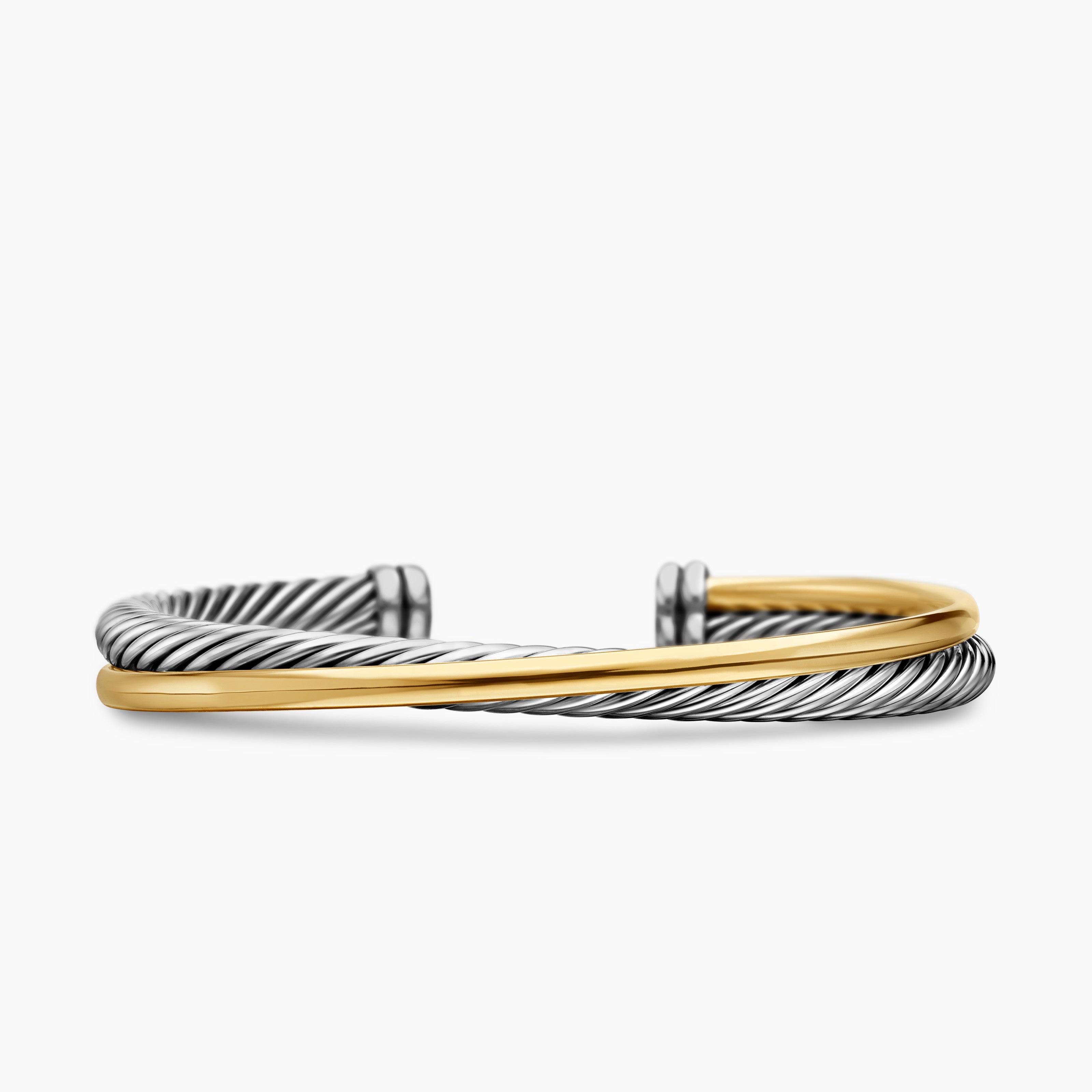 Womens Crossover Two Row Cuff Bracelet in Sterling Silver with 18K Yellow Gold, 5mm