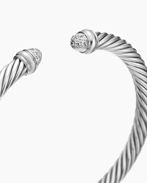 Womens Classic Cable Bracelet in Sterling Silver with Pavé Diamond Domes, 5mm