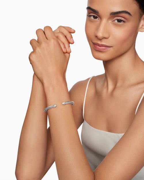 Womens Classic Cable Bracelet in Sterling Silver with Pavé Diamond Domes, 5mm