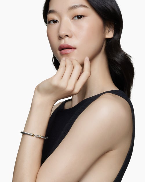 Womens Buckle Classic Cable Bracelet in Sterling Silver with 18K Yellow Gold, 5mm