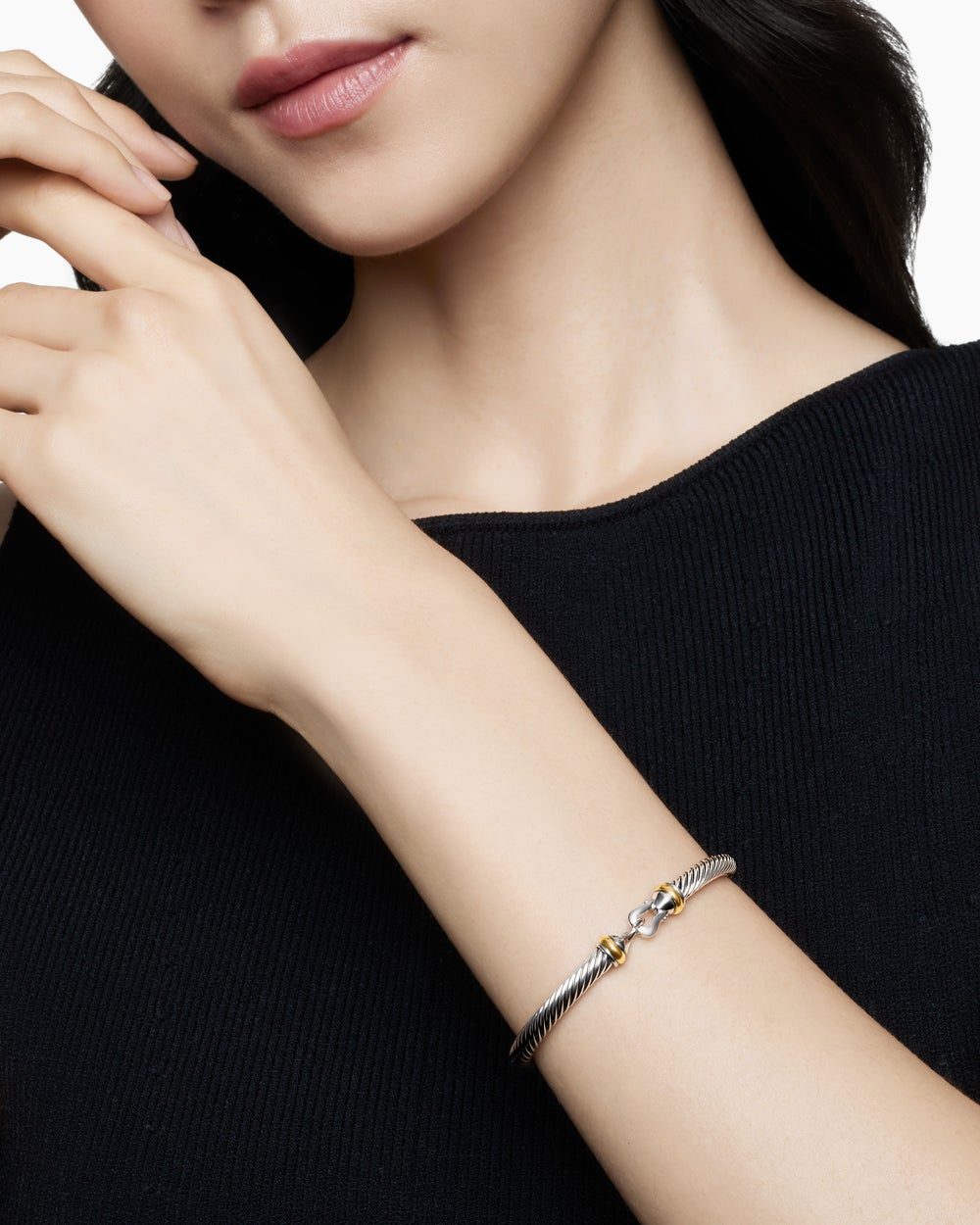 Womens Buckle Classic Cable Bracelet in Sterling Silver with 18K Yellow Gold, 5mm