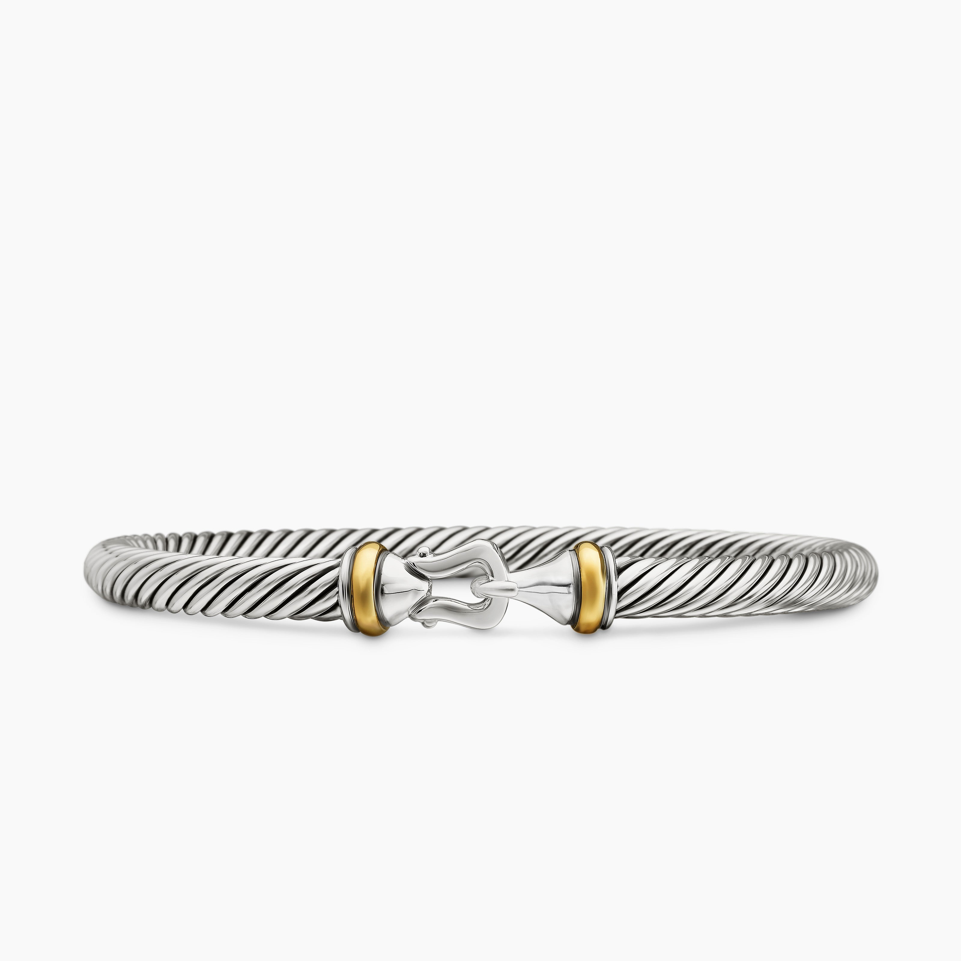 Womens Buckle Classic Cable Bracelet in Sterling Silver with 18K Yellow Gold, 5mm